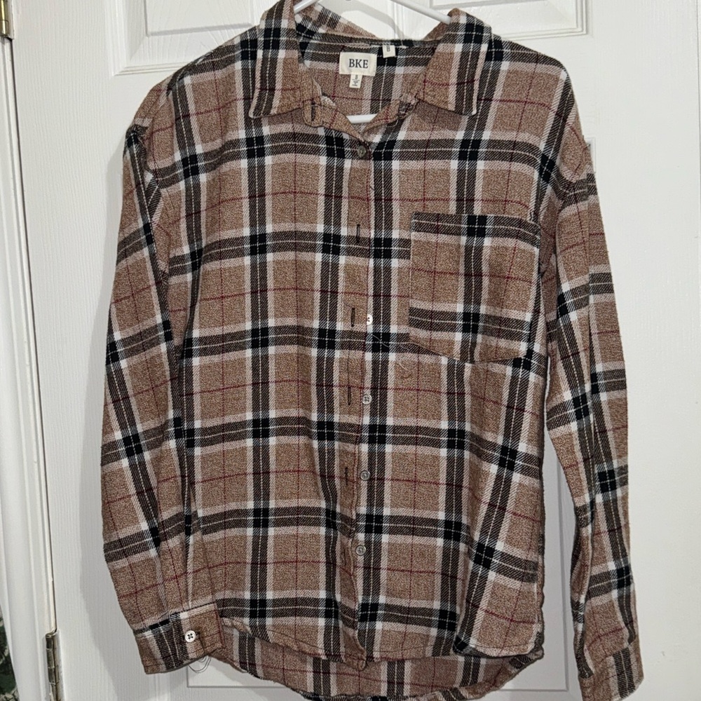 BKE Tan and Black Plaid Button Down Shirt